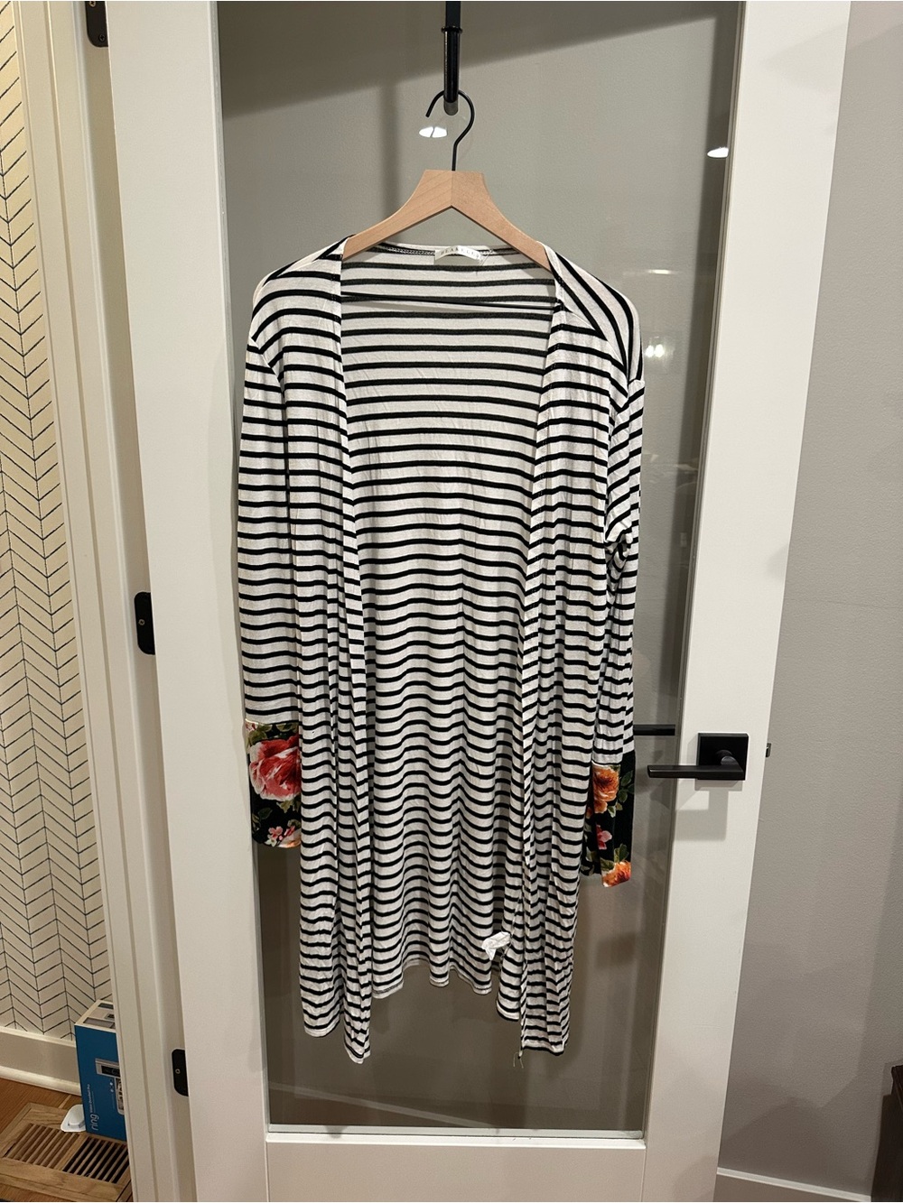 Striped Open-Front Cardigan with Floral Cuff Detail - Black/White